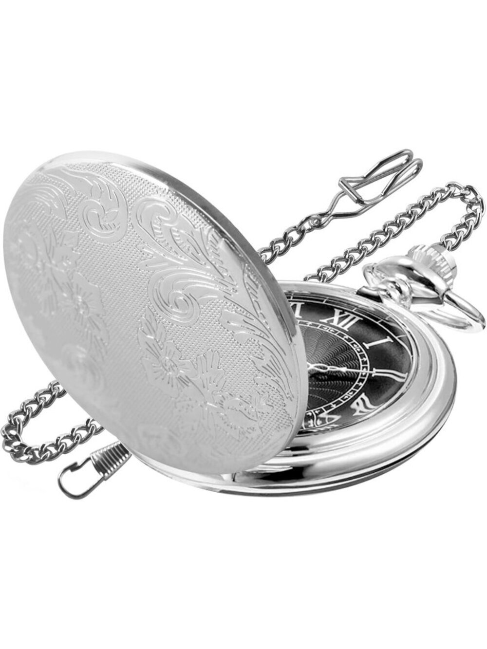 Mens All Silver Analog Quartz Flower Arabic Numerals Movement Chain Pocket Watch